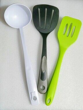 Set of Three Cooking Utensils - Serving Ladle, Slotted Spatula, Slotted Turner